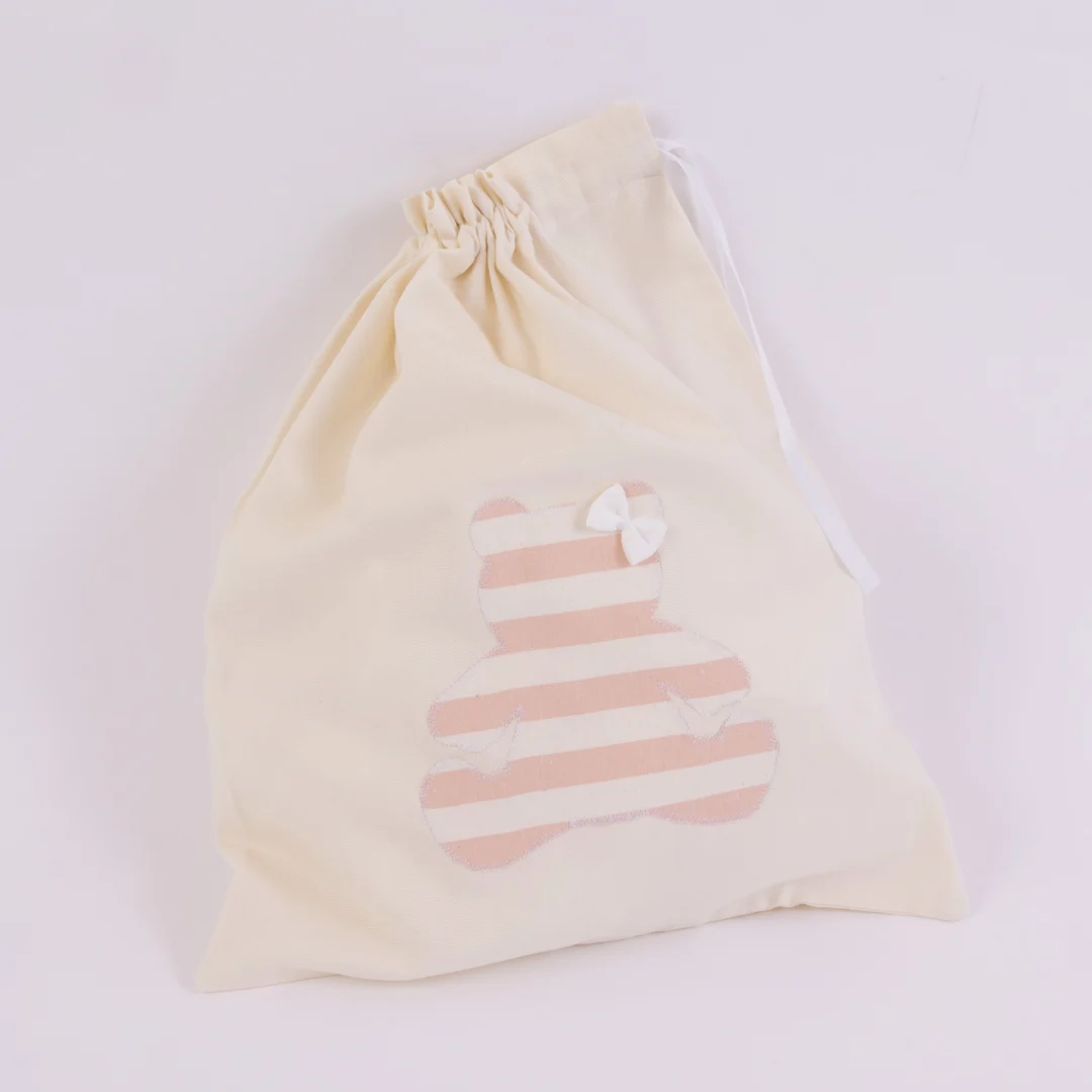 Sacchetto Portabiancheria panna con orso a righe rosa Sacchetto Portabiancheria panna con orso a righe rosa - immagine 2