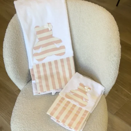 Asciugamano viso e ospite orso righe rosa provenza