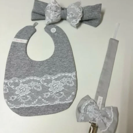 Catenella Portaciuccio grigio di pizzo + Bavetta + Fascia per la testa